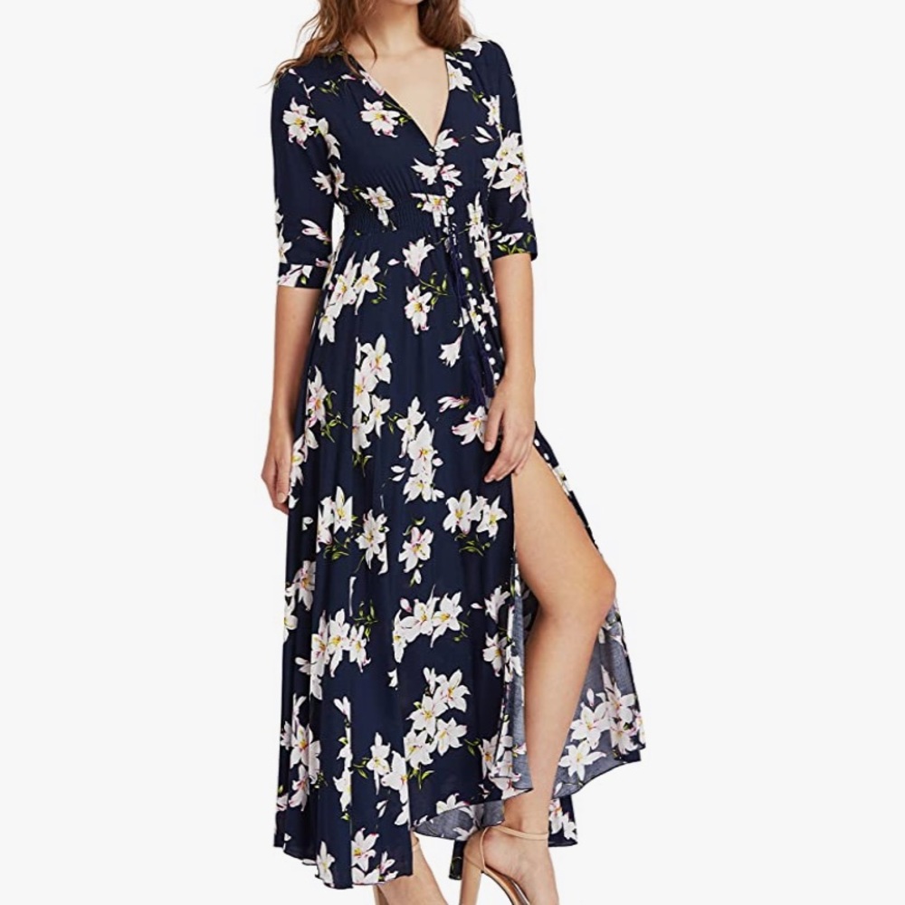 Button Up Split Floral Print Maxi Dress